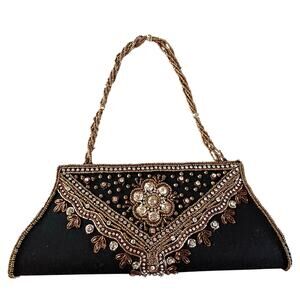 Vintage black beaded evening bag convertible clutch purse dressy gold beads